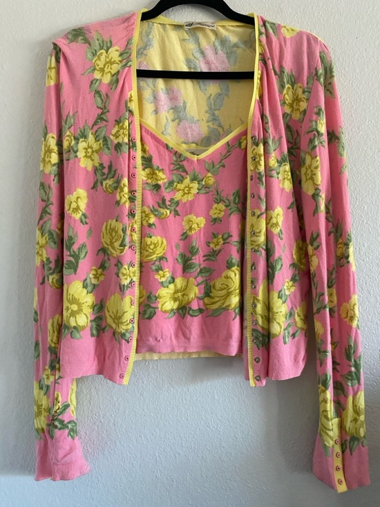 Bluemarine Tops - Vintage Bluemarine Top Cardigan Set Matching Italy Y2K Floral Fairy Yellow Pink